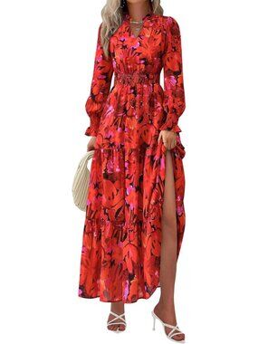 PrettyGarden Women's Floral Red Sleeve V Neck A Line Flowy Maxi Long Dress